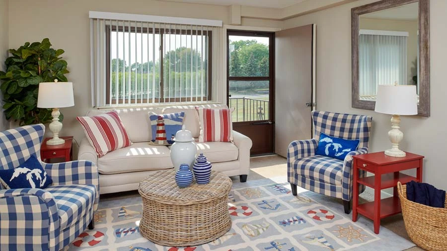 Family room of a senior apartment at American House East II, a senior living community in Roseville, Michigan